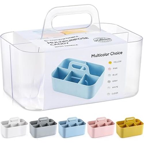 Multiuse Caddy Organizer with Handle - Stackable Plastic Bin - Divided Storage Tote Holder for Art Craft Supplies, Makeup, Bathroom, Shower, Cleaning, Kitchen, Office, Dorm, Desktop - Frosted Clear