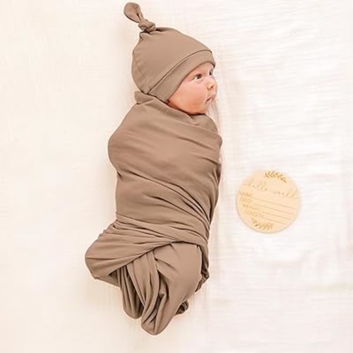 Konssy Newborn Receiving Blanket with Matching Headband and Beanie Set Baby Swaddle Nursery Swaddle Wrap