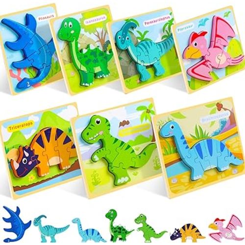 TOY Life Toddler Puzzles Ages 2-4, Wooden Puzzles for Toddlers 1-3, 7 Piece Dinosaur Puzzle 2 Year Old, Toddler Puzzles Ages 1-3, Toddler Boy Toys 2-3, Educational Toys for Toddlers 3-5