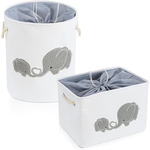 INough 2 pack Storage Baskets, Baby Hamper for Nursery Boy, Baby Laundry Basket for Boy, Elephant Laundry Basket for Baby Nursery Large Elephant Basket for Baby Nursery, Hamper for Boy, Elephant Decor