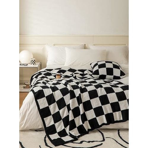 Ultra Soft Cozy Buffalo Checkerboard Grid Fluffy Microfiber Knitted Bed Blanket Super Soft Cozy Lightweight Fleece Checkered Queen Size Bed Blanket for Sofa Couch Bed Travel (Black, Queen:90"X90")
