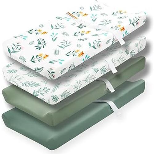 4 Pack Sage Green Fitted Nursery Sheets Breathable Neutral Unisex Baby Sheets for Boys or Girls with Leaf and Flower Design (Changing Pad Cover)