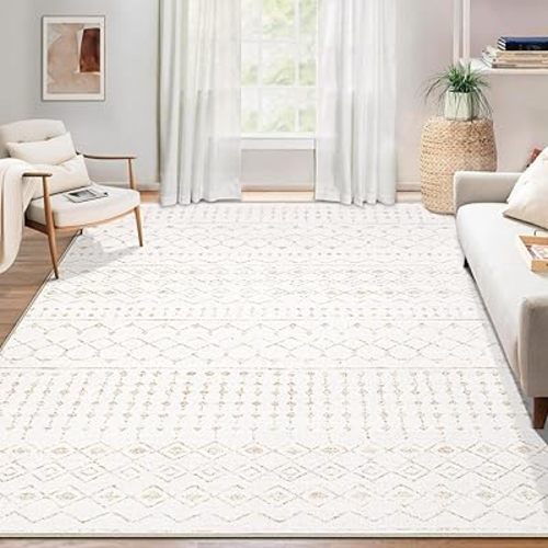 Area Rug for Living Room 6x9: Large Washable Boho Moroccan Rugs Geometric Neutral Rug, Non-Slip Foldable Morden Farmhouse Indoor Floor Carpet for Bedroom Dining Table Home(Geometric Beige, 6'X9')