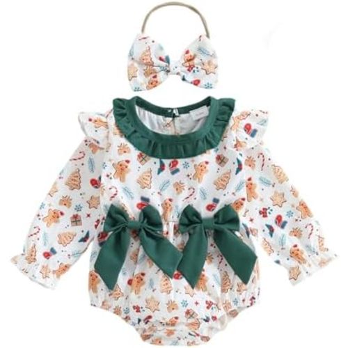 Newborn Baby Girl Christmas Outfit Ruffle Bubble Romper Long Sleeve Jumpsuit Infant Onesie My First Christmas Clothes