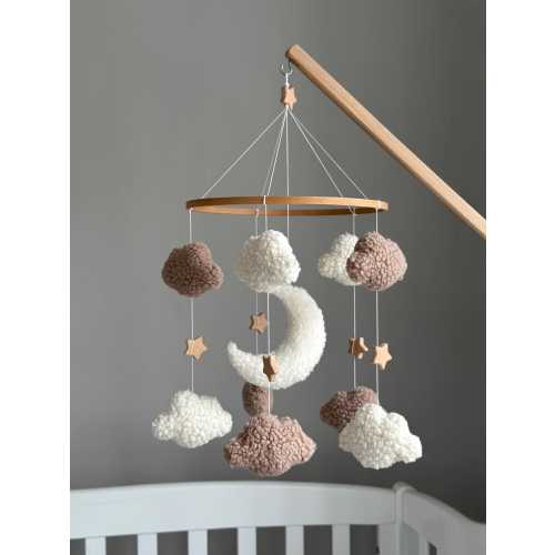 Baby Crib Mobile with Boucle Clouds, Nursery Mobile for Baby Girl, Soft Cloud Hanging Toy, Newborn Gift, Neutral Nursery Decor