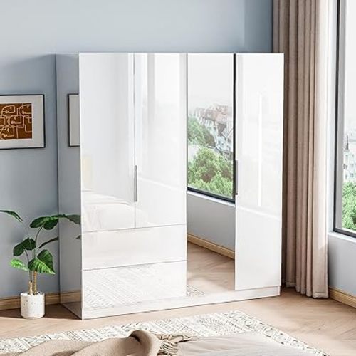VINGLI 63" W x 72" High Gloss Wardrobe Closet with Mirror Doors and Drawers, 4 Door Armoire Wardrobe Closet with Drawers, Large White Armoire for Hanging Clothes, Wood
