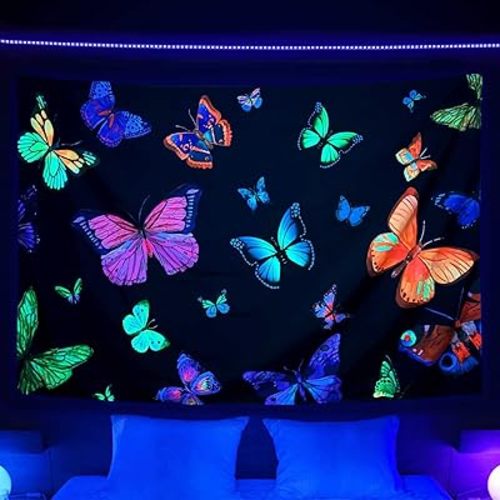 Blacklight Butterfly Tapestry, Colorful UV Tapestry Reactive, Girl's Psychedelic Trippy Tapestry Aesthetic, Moth Insect Hippie Home Decor Small Wall Hanging for Bedroom Living Room Dorm 60 x 40 inch