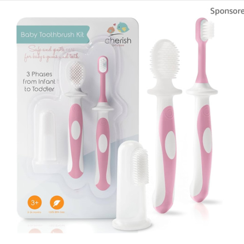 Cherish Baby Care Baby Toothbrush & Toddler Toothbrush Set (0-2 Years) - BPA-Free & Safety-Tested, 2023 Award Winner, Food-Grade Silicone (Pink)