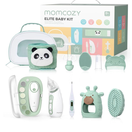 Momcozy Elite Baby Kit, Superior Baby Shower & Registry Essential Kit for Grooming & Health & Cleansing Care, Electric Nail File & Nasal Aspirator,Tummy Wrap,Thermometer,Bath Brush,Teether,Storage Bag