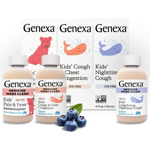 Genexa Kids' Clean Cough, Pain & Fever Acetaminophen Value 3-Pack, Dye Free, 0% Artificial Additives, Cough Care for Children, Fever & Pain Reliever, 12 fl oz (3 Bottles)