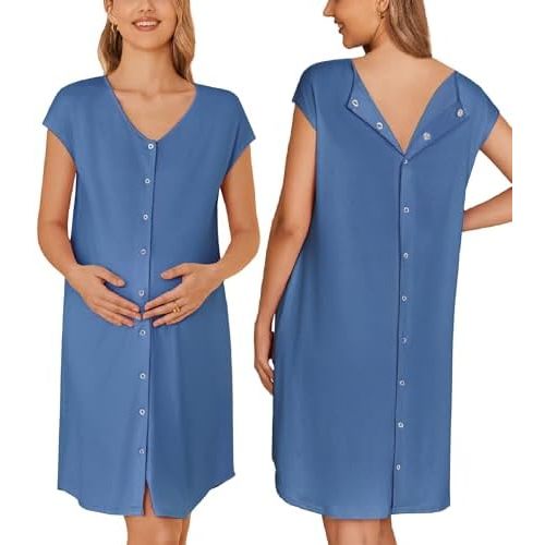 Ekouaer Labor/Delivery/Hospital Gown Nursing Nightgown Maternity Sleepwear With Pockets Postpartum Gowns with Button S-XXL