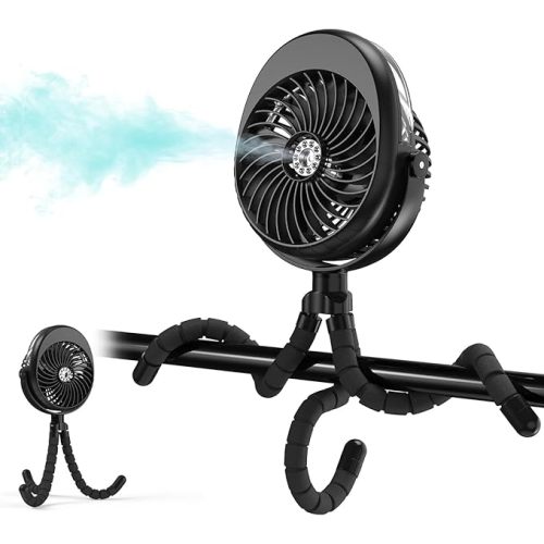 COMLIFE Misting Baby Stroller Fan, 270° & 360° Pivoting Portable Fan, Battery Operated USB Fan, Handheld Misting Fan, with Flexible Tripod Clip on Car Seat Crib Bike Treadmill Bunk Bed - Black