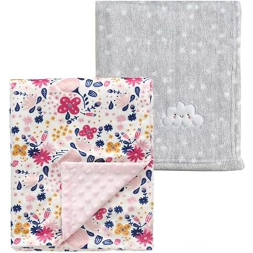 CREVENT 2Pcs 30''X40'' Cute Cozy Fluffy Warm Baby Blankets for Infants Toddlers' Bedding Crib Cot Stroller - Grey Cloud + Minky Flower