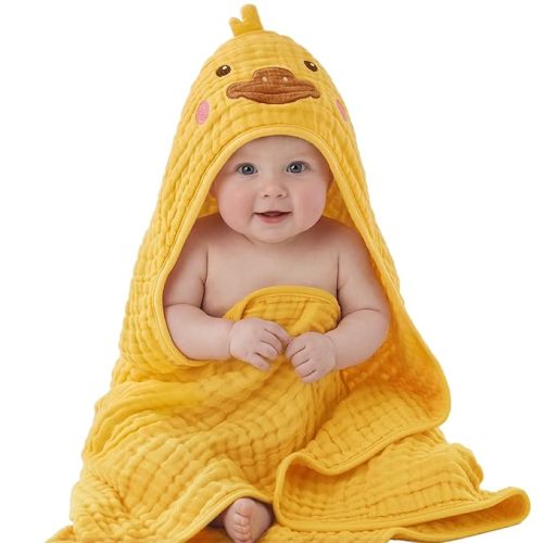 Blissful Diary Muslin Baby Hooded Towel 1 Pack, Soft & Absorbent Bath Towel for Infant, Toddler, Unisex, Baby Gift, Newborn Essentials, Sunny Duck