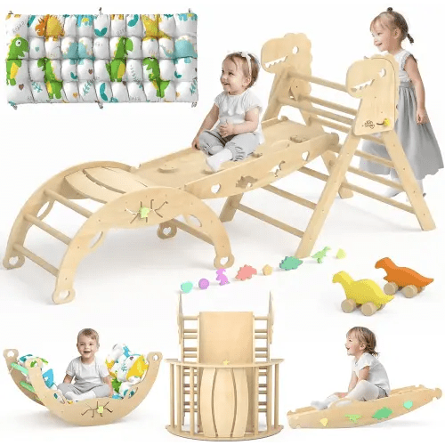 Pikler Triangle Set with Cushion 9 in 1 Climbing Toys for Toddlers 1-7 Indoor Baby Climbing Gym Toddler Montessori Toys Wooden Climbing Toys with Maze Toys, Shape Sorting Toys, Dinosaur Car