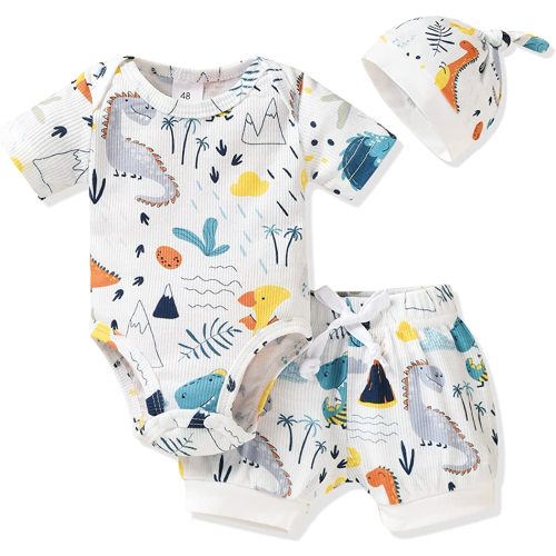 HINTINA Preemie Newborn Infant Baby Boys Outfits Dinosaur Bodysuit Romper Short Pants Hats 3Pcs Summer Clothes Set