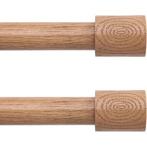 2 Pack Wood Curtain Rods, 1'' Decorative Adjustable Rustic Farmhouse Drapery Rod, Heavy Duty Boho Curtain Pole for Windows 28 to 48 Inch with Imitation Wooden Grain Finials, (Light Wood/Unique Design)