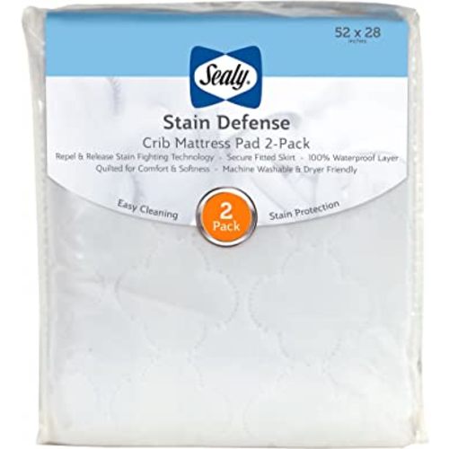 Sealy Baby Stain Defense 2-Pack Fitted Toddler Bed and Baby Crib Mattress Pad Protector, Noiseless, Machine Washable and Dryer Friendly, 52" x 28" - White