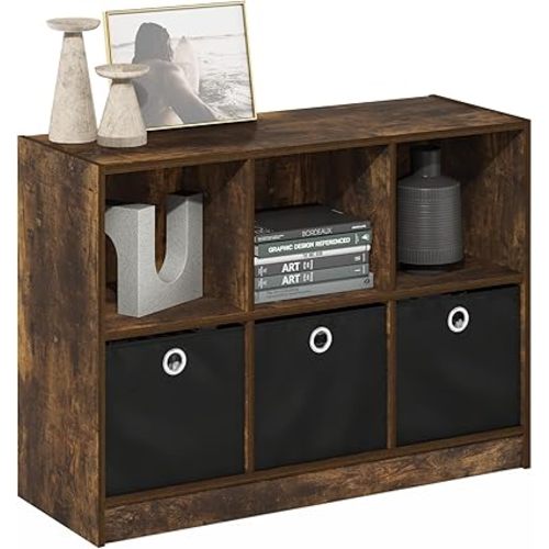 Furinno Basic 3x2 Cube Bookcase, Bookshelf, Storage w/Bins, Amber Pine/Black