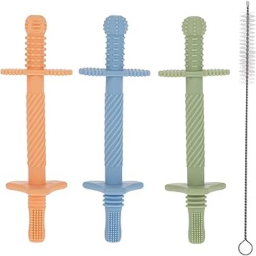 Nuby Sensory Silicone Tube Teethers - (3 Pack) Textured Infant and Baby Teether Toys - 3+ Months - Orange, Blue, and Green
