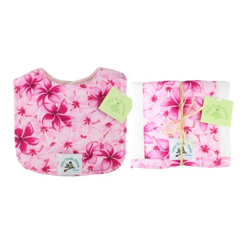Hawaiian Baby Gift Set Bib and Burp Cloth Made in Hawaii Hawaiian Baby Shower Gift 2 Piece Set Melia Plumeria Pink
