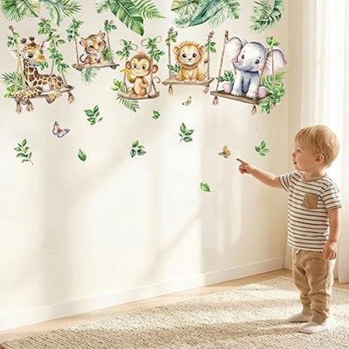 Jungle Animal Wall Decals for Baby: Animals Son Swings Nursery Room Decor with Peel and Stick Removable Vinyl Wall Stickers for Kids Bedroom Safe and Easy to Apply - Ages 0-12 Years