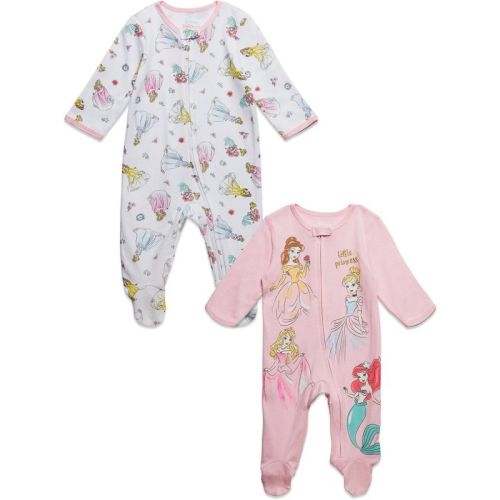 Disney Princess Belle Cinderella Ariel Newborn Baby Girls 2 Pack Zip Up Snap Sleep N' Play Coveralls Blue/white 0-3 Months