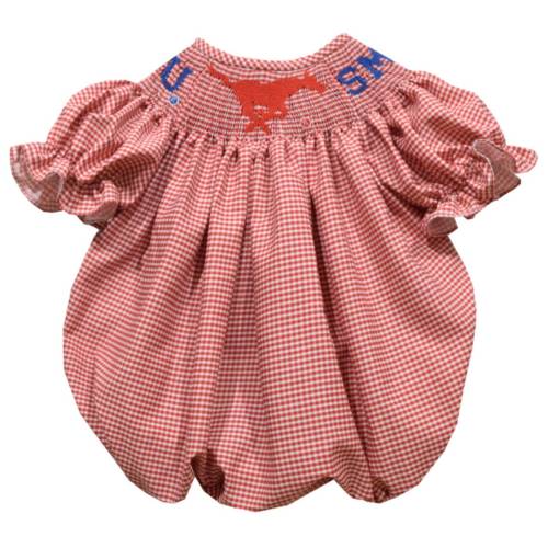 SMU Mustangs Smocked Red Gingham Short Sleeve Girls Bubble
