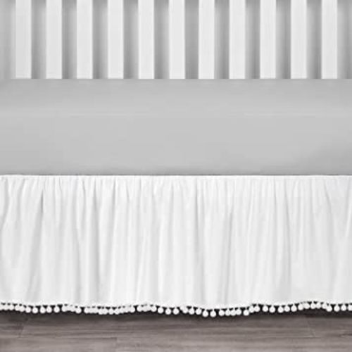 TILLYOU Ruffled Crib Skirt with Pompoms, Microfiber Nursery Crib Toddler Bedding Skirts for Baby Boys Girls, 14'' Drop, White