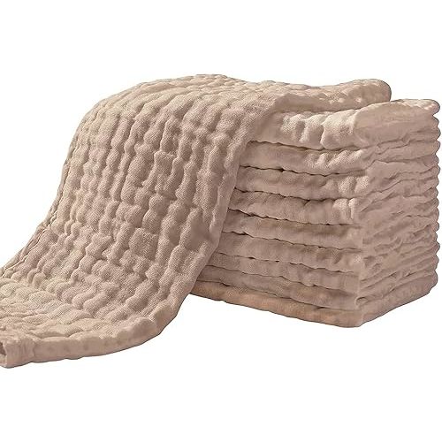 Yoofoss Muslin Burp Cloths for Baby 10 Pack 100% Cotton Baby Washcloths for Boys Girls Large 20''X10'' Super Soft and Absorbent Brown