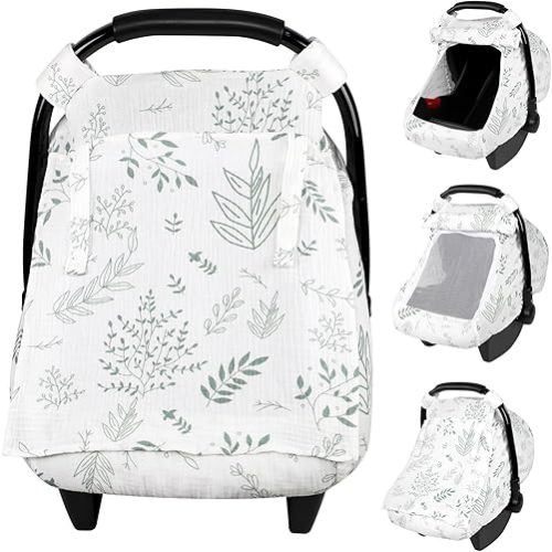 Muslin Baby Car Seat Cover with Extra Large Mesh Window, Breathable Infant Car Seat Canopy Cover for Summer, Universal Car Seat Stroller Cover for Boys and Girls (Leaf)