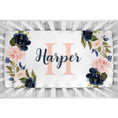 Navy Pink Flower Crib Sheet - Girl Personalized Floral Crib Sheet - Navy Pink Nursery Bedding - Blanket Changing Pad Cover -Baby Shower Gift