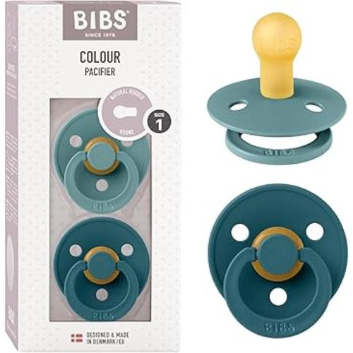 BIBS Pacifiers Colour Collection | Natural Rubber Baby Pacifier | Round Nipple | Set of 2 BPA-Free Soothers | Made in Denmark | 0+ Month (Pack of 2) | Island Sea/Forest Lake
