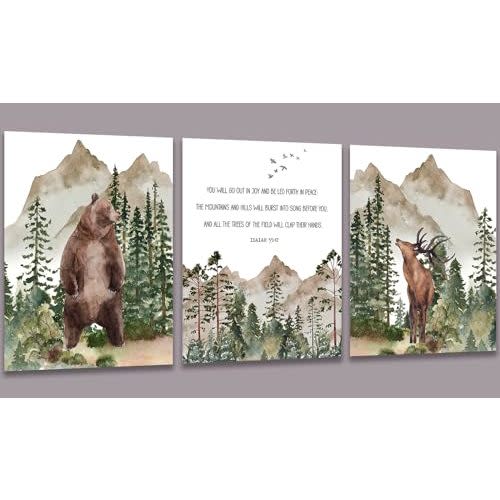 3 PCS Inspirational Wall Art Nursery Decor Christian Mountain Bear Deer Wall Decor Unframed Positive Religious Bible Verse Posters Prints Paintings Artwork for Home Boys Room Bathroom Bedroom 8x10 In