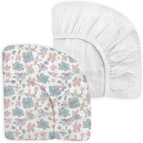 Pack and Play Sheets for Baby Boy and Girl 2 Pack, Neutral Muslin Cotton Pack N Play Mattresses Sheet 27"x39", Muslin Nursery Bedding Soft and Breathable Comfort(Spring Breeze & White)