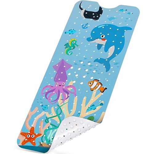 Non-Slip Baby Bathtub Mat with Powerful Suction Cups, 40x16 Large Size Quick Drain for Children & Elderly Safety in Showers and Tubs, Machine Washable Durable PVC Comfortable & Safe (Sea World)