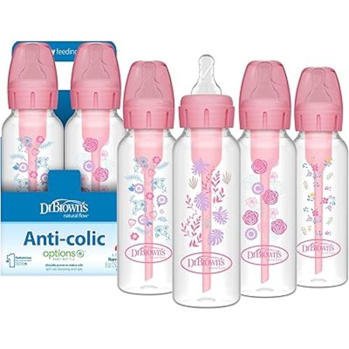 Dr. Brown's Natural Flow Anti-Colic Options+ Narrow Baby Bottle, Pink Floral, 8 oz/250 mL, with Level 1 Slow Flow Nipples, 0m+, 4 Pack