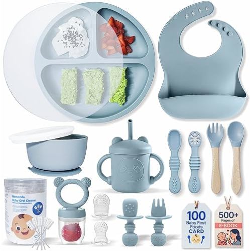 BPA-Free Silicone Baby Feeding Set | Extra Large Suction Plates, Toddler Bowls, Self Feeding Utensils, and More | Dishwasher Safe| Baby Led Weaning Supplies (Blue)