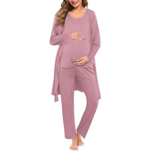 SWOMOG Maternity Nursing Robe Set 3 PCS Women Postpartum Pajamas Breastfeeding Labor Delivery Hospital Pregnancy Pjs