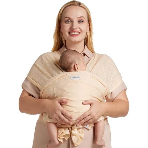 Momcozy Baby Carrier AirMesh - The Perfect Summer Sling for Newborns to Toddler 8-35 lbs - Cooling Fabric Baby Wrap, Lightweight, Ergonomic, and Easy to Wear, Beige