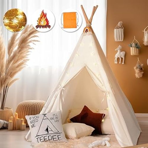 Teepee Tent for Kids Foldable Teepee Play Tent with Fairy Lights, Carry Case Water Resistance, Pretend Camp Fire, Four Poles Style Raw White Color - New Version Tiny House little dove