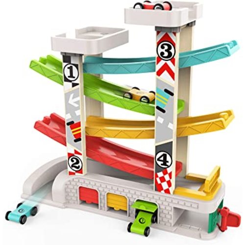 TOP BRIGHT Toddler Toys for 2 Year Old Boy and Girl Gifts Wooden Race Track Car Ramp Racer with 4 Mini Cars