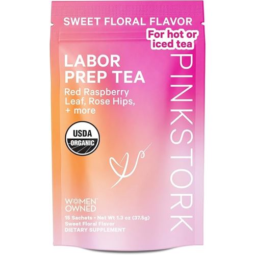 Pink Stork Labor Prep Tea, Organic Red Raspberry Leaf with Chamomile and Rosehip, Caffeine-Free, Pregnancy Must Haves, Labor and Delivery Essentials, Third Trimester Pregnancy - 15 Sachets