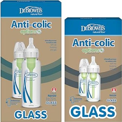 Dr. Brown's Natural Flow Anti-Colic Options+ Narrow Glass Baby Bottles, Made in The USA, BPA Free, 8oz and 4oz, 0m+, 4-Pack