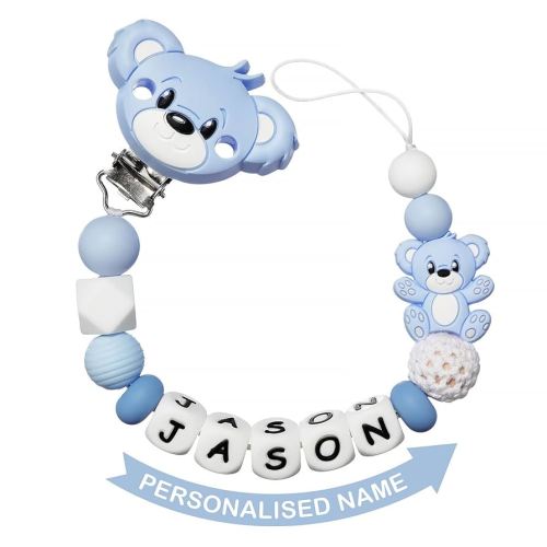 Personalized Pacifier Clip with Name for Baby, Customized Pacifier Clip Fits All Pacifiers, Baby Birthday Gift for Boys and Girls, Bear (Blue)