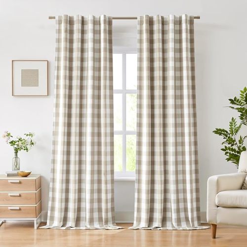 Extra Long Buffalo Plaid Full Blackout Curtain Panels 95 Inch,Beige White Gingham Farmhouse Drapes for Bedroom Living Room,Thermal Insulated Window Treatment,Rod Pocket Back Tabs,40"Wx95"Lx2
