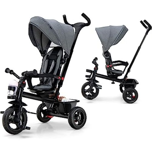 BABY JOY Tricycle, 5 in 1 Toddler Bike W/Removable Push Handle, Reversible Seat, EVA Wheel, Adjustable Canopy, Cup Holder & Storage, Ideal for Kids 1.5-5 Years Old, Tricycle for Toddler (Grey)