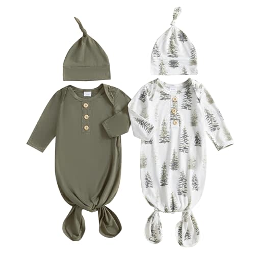 woshilaocai 2 Pack Baby Boy Girl Gown Sleeper Newborn Knotted Nightgown and Hat Set Infant Sleepwear