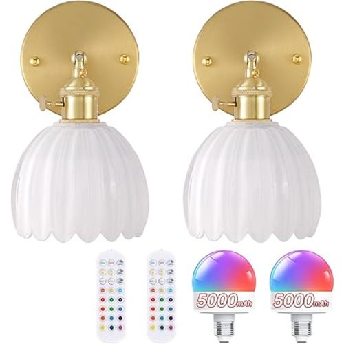 Vintage 5000 mAh Battery Operated Wall Sconce with White Tulip Glass Lampshade Rechargeable Battery Powered Wall Light with Remote Control for Bedside Bedroom Doorway, Set of 2