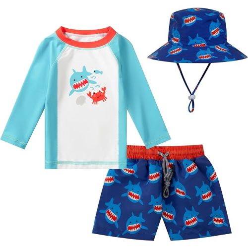 Toddlers and Baby Boys' 3-Piece Swimsuit Trunk Rashguard Set and Sun Hat Swimwear Bathing Suit Sunsuit Swim Shirt UPF 50+